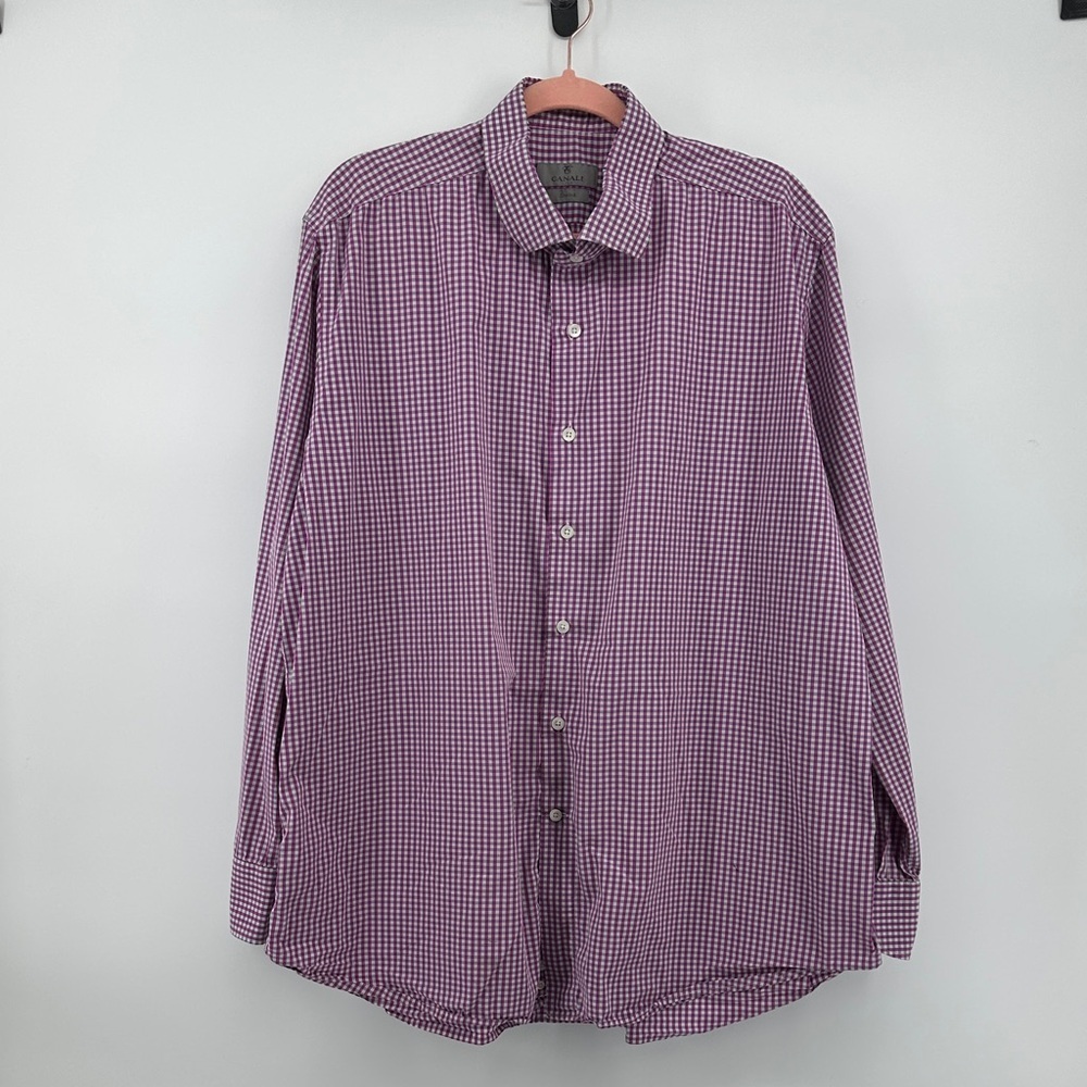 Canali Classic Business Men's Purple Gingham Button Down Shirt Sz18/46